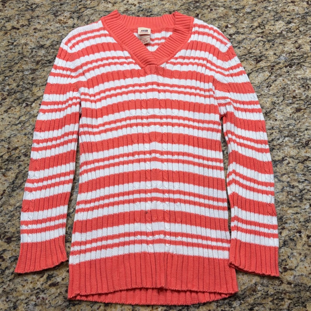 Vintage Faded Glory  Coral Orange White Striped Cable Knit V-Neck Sweater XL v
